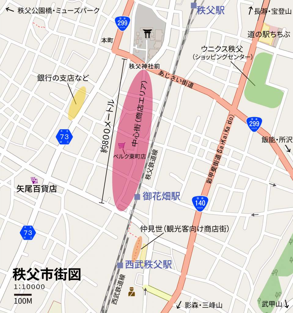 秩父市街図。ベース地図はOpen Street Map