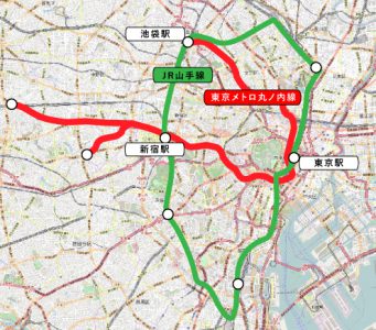 地図で見ると、丸ノ内線と山手線の違いが感じられる。丸ノ内線は東京駅から新宿駅間も比較的速く、中央線快速の15分に対して18分で結ぶ。 （縮尺：1/75000 OpenStreetMapを元に夕霧もや作成) © OpenStreetMap contributors