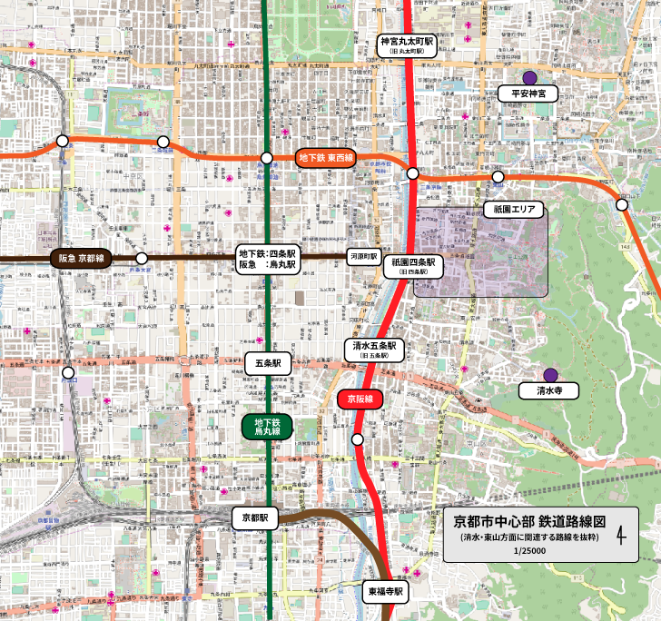 駅名改称された3駅を含む、京都駅から東山・祇園方面の地図 （OpenStreetMapを元に夕霧もや作成) © OpenStreetMap contributors